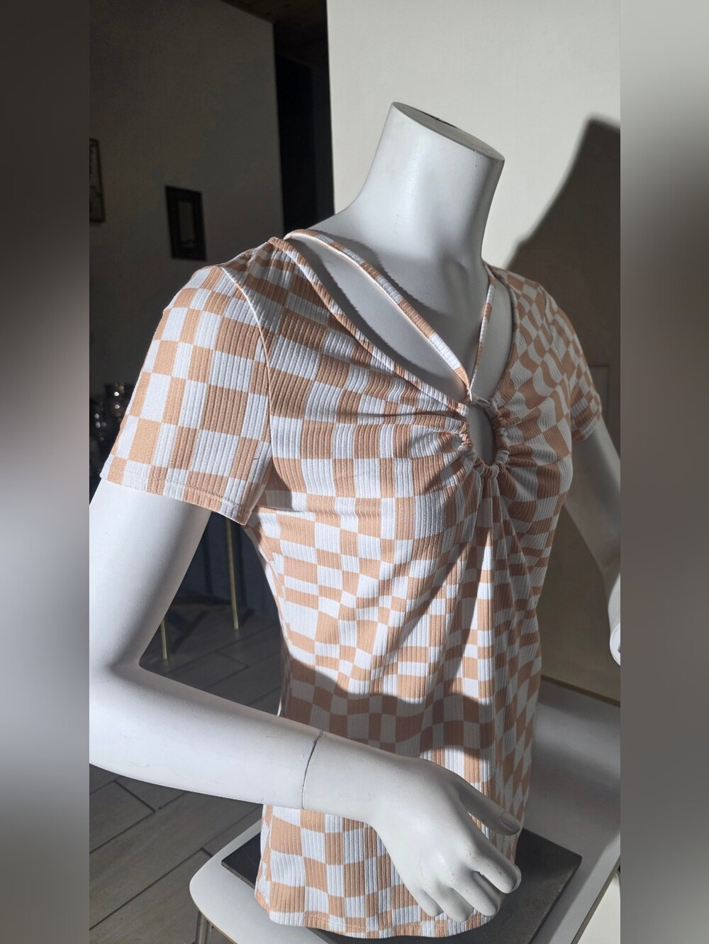 Willow & Root Checkerboard Short Sleeve Top - Cream/Tan (Size M)